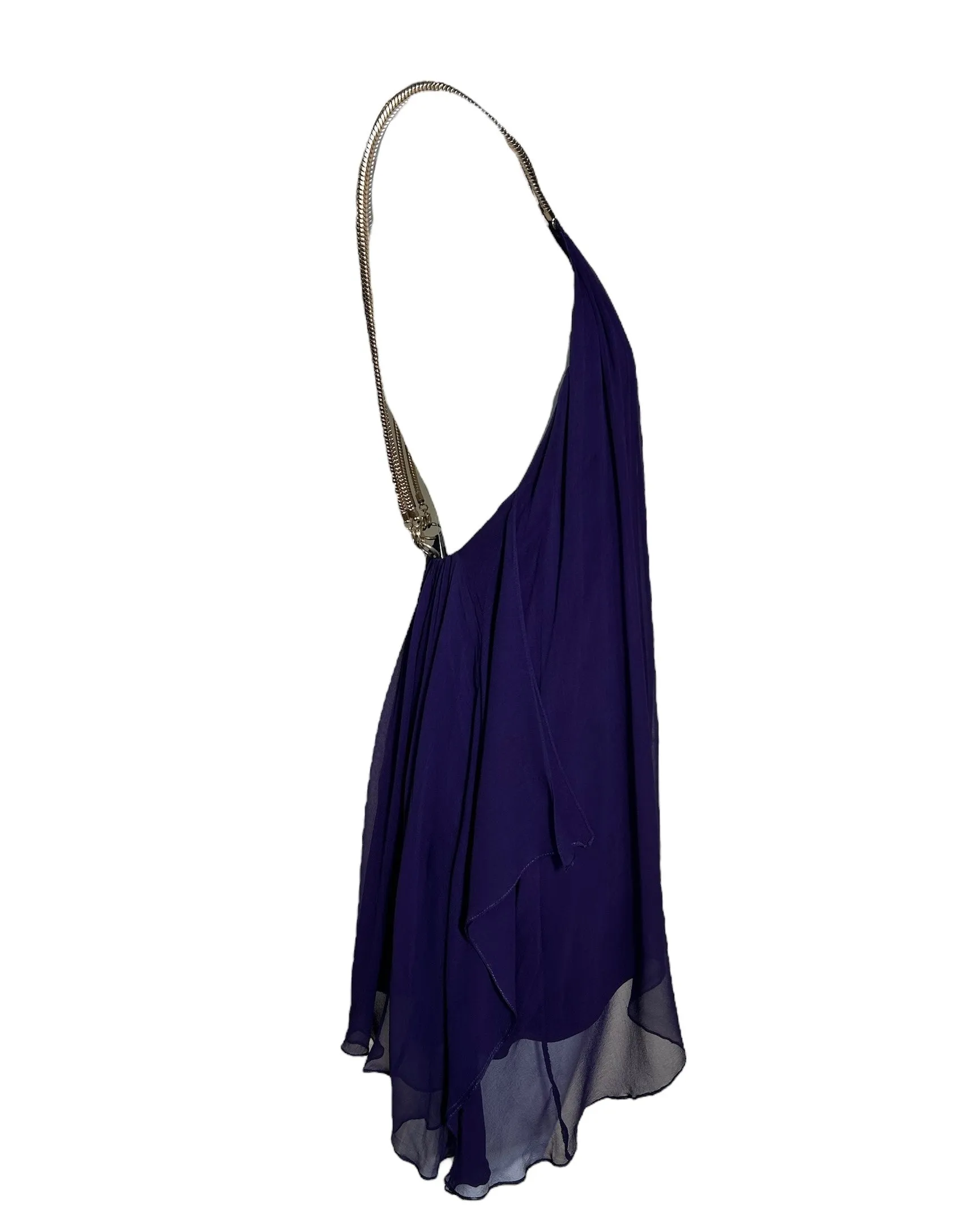 Thomas Wylde Purple Chiffon Micro Dress with Golden Chain Straps