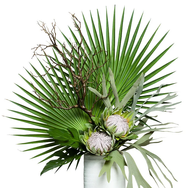 Tropical Fan Palm & Protea Large Yacht Silks Arrangement