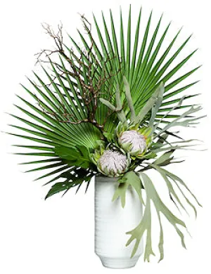 Tropical Fan Palm & Protea Large Yacht Silks Arrangement