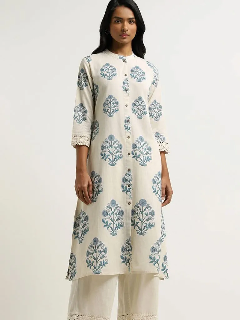 Utsa White Printed Lace Insert Kurta
