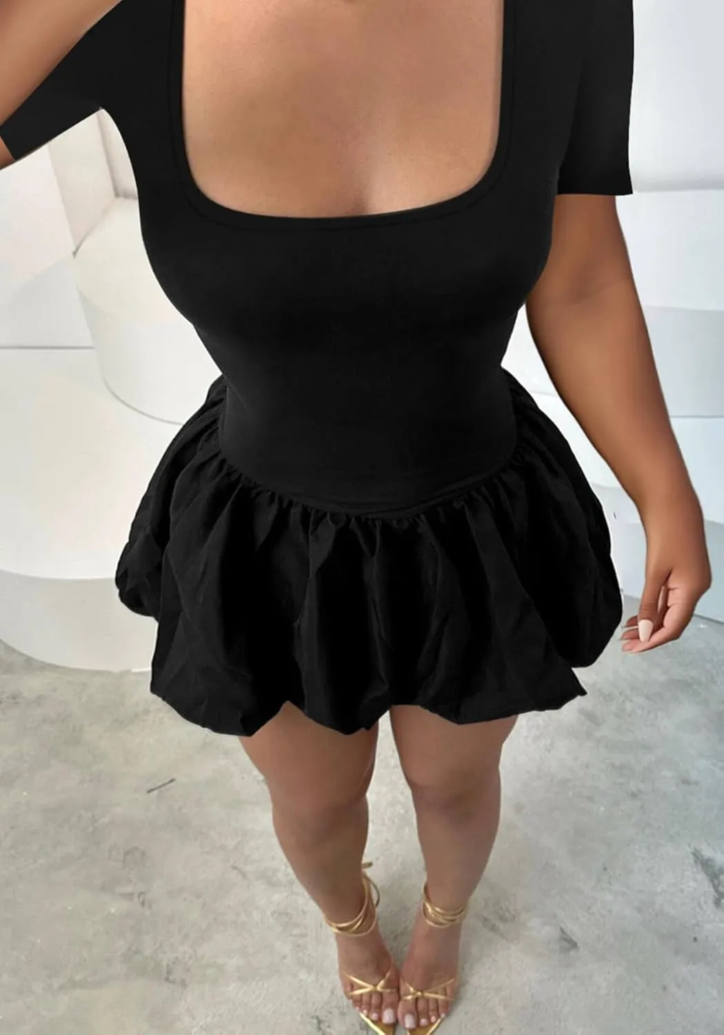 Vakkest Women's Square Neck Mini Bubble Dress Long Sleeve Cute Elegant Patchwork Cocktail Party Y2k Clubwear Dresses
