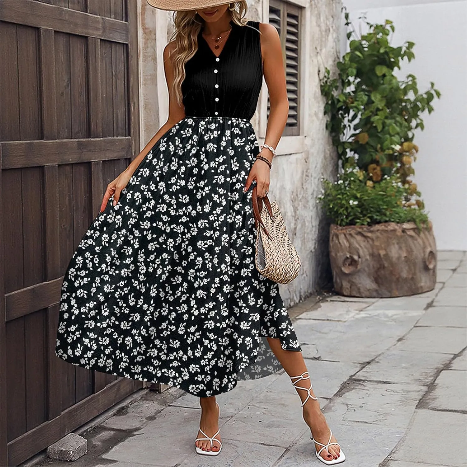 Women Summer Sleeveless Dresses 2025 V Neck Patchwork Boho Floral Ruffle Cocktail Party Midi Dress