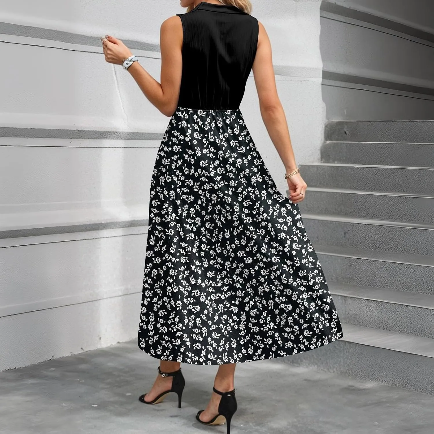 Women Summer Sleeveless Dresses 2025 V Neck Patchwork Boho Floral Ruffle Cocktail Party Midi Dress