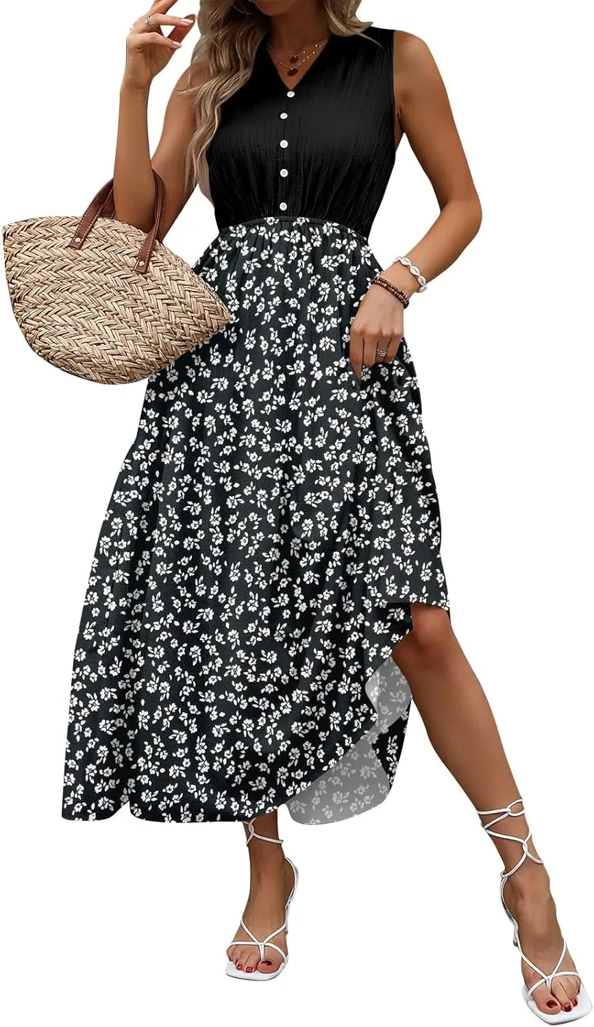 Women Summer Sleeveless Dresses 2025 V Neck Patchwork Boho Floral Ruffle Cocktail Party Midi Dress