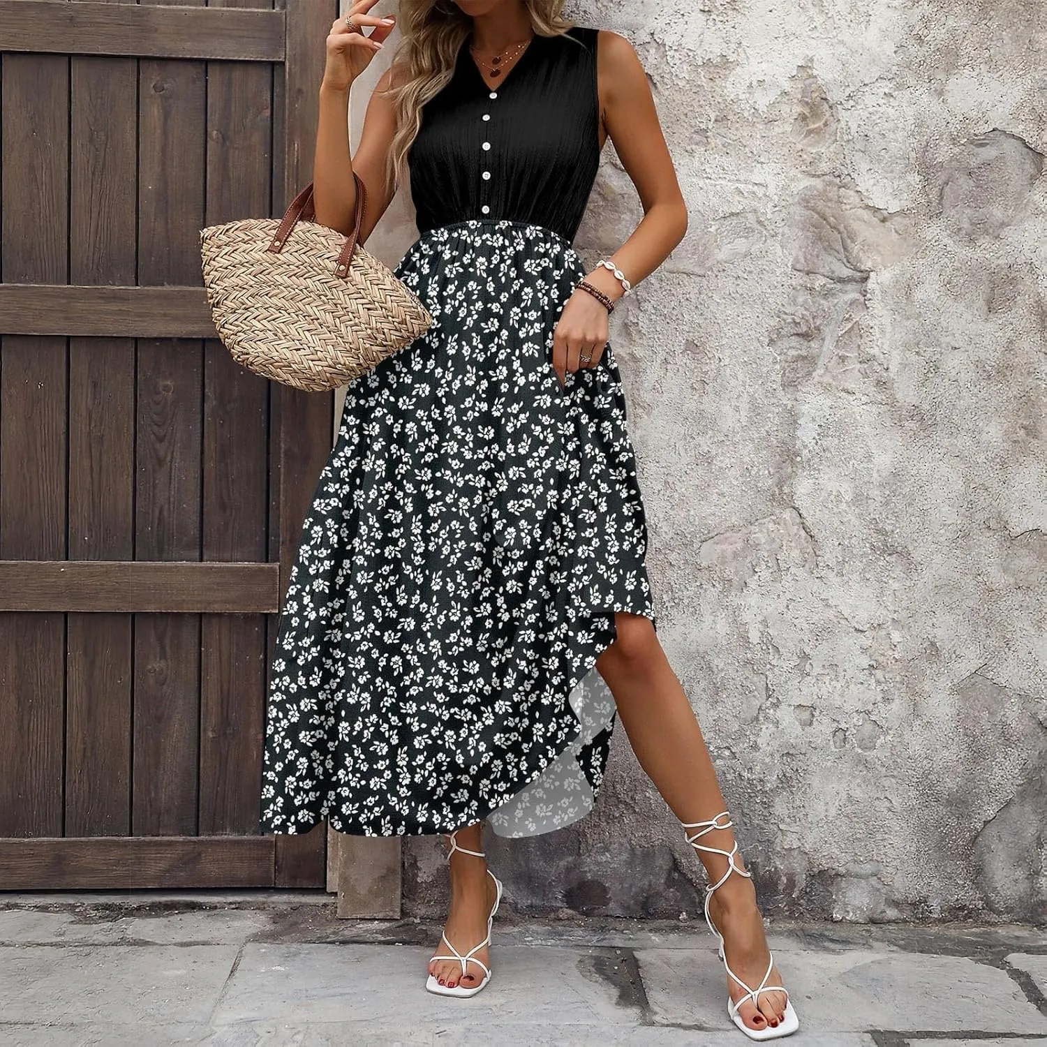 Women Summer Sleeveless Dresses 2025 V Neck Patchwork Boho Floral Ruffle Cocktail Party Midi Dress