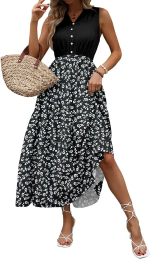 Women Summer Sleeveless Dresses 2025 V Neck Patchwork Boho Floral Ruffle Cocktail Party Midi Dress