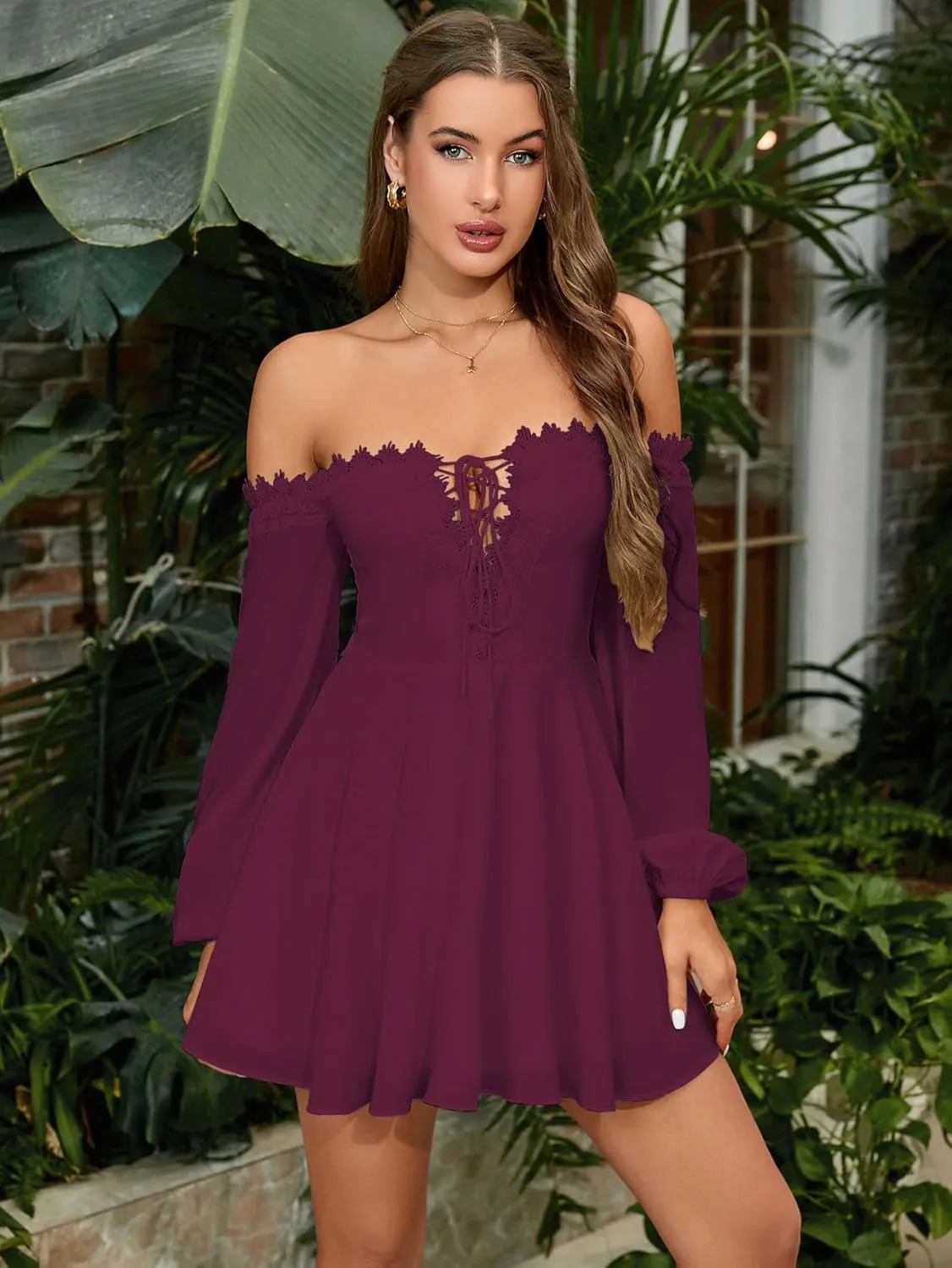 Women’s 2024 Off Shoulder Flowy Mini Dress Long Sleeve Casual Corset Short Dresses
