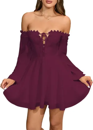 Women’s 2024 Off Shoulder Flowy Mini Dress Long Sleeve Casual Corset Short Dresses