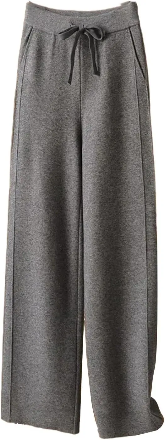 Women's Casual Loose Straight Leg Drop Mop Pants Knitted Wool Wide Leg Trousers Woolen Trousers