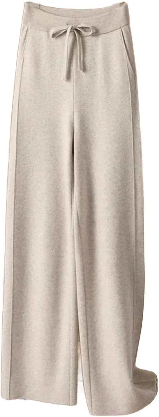 Women's Casual Loose Straight Leg Drop Mop Pants Knitted Wool Wide Leg Trousers Woolen Trousers
