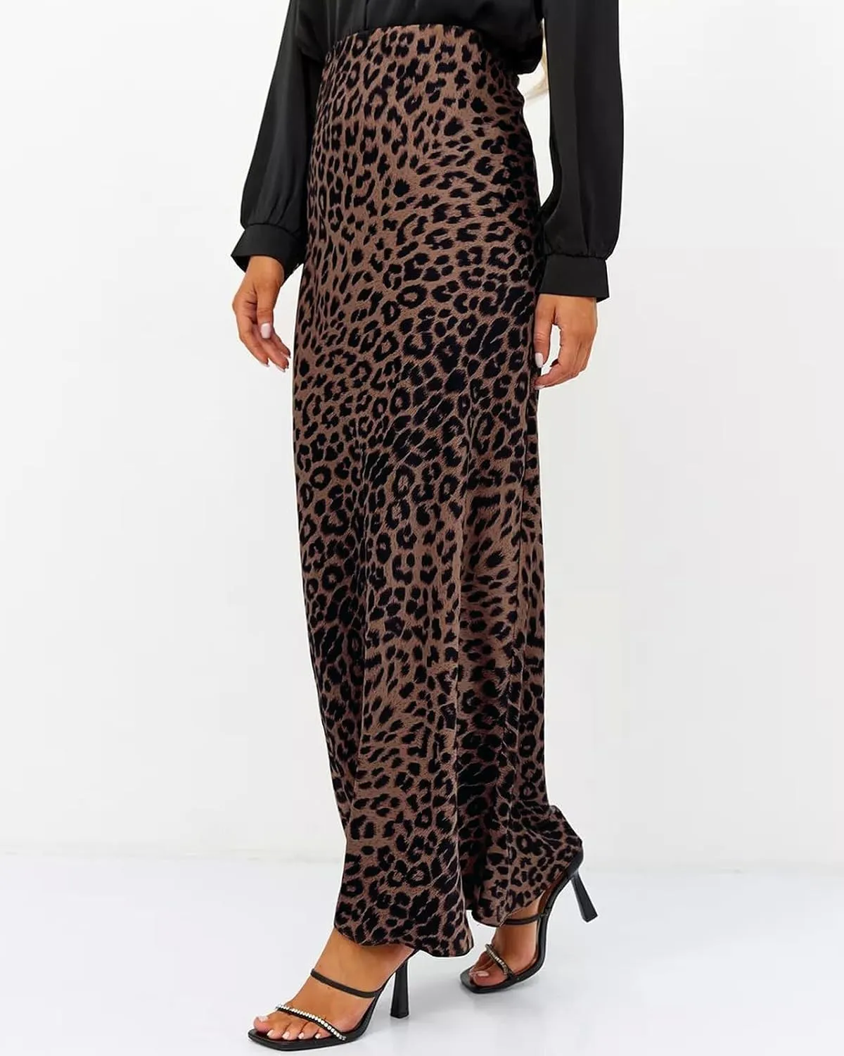 Women's Leopard Print Satin Maxi Skirt High Waisted Elastic Waistband Silk A-Line Casual Party 2025 Summer Long Skirts