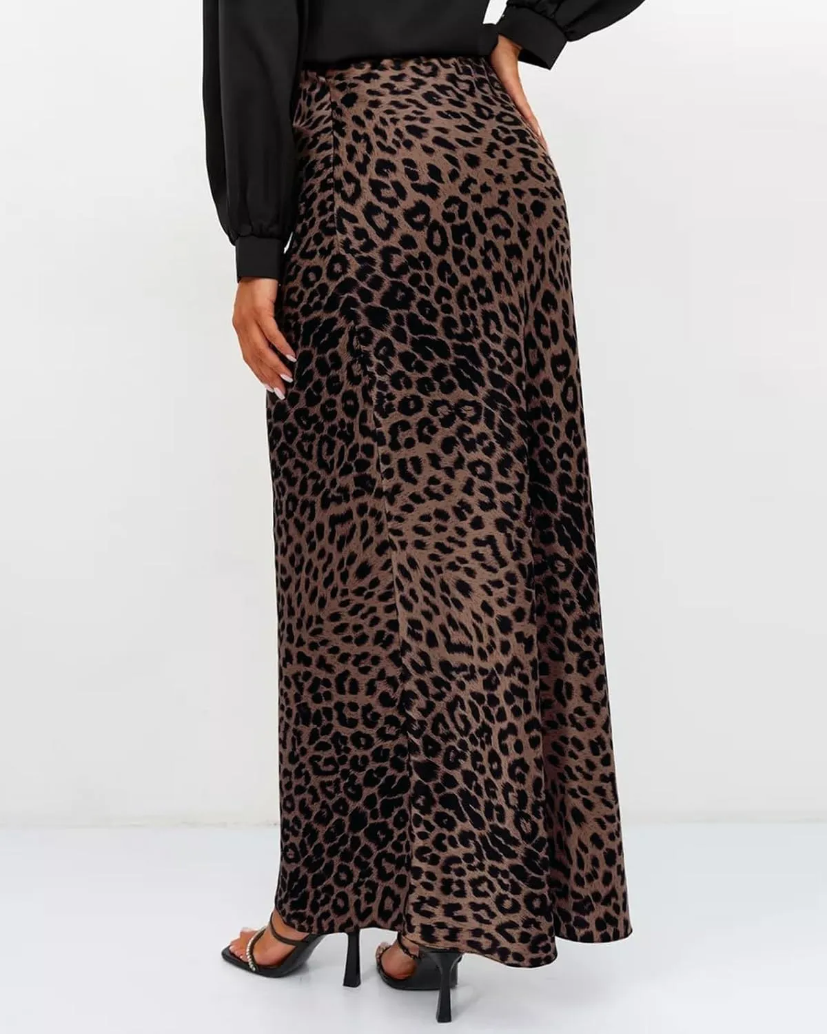 Women's Leopard Print Satin Maxi Skirt High Waisted Elastic Waistband Silk A-Line Casual Party 2025 Summer Long Skirts