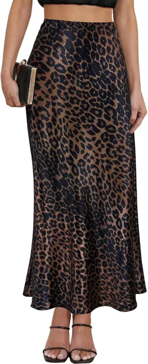 Women's Leopard Print Satin Maxi Skirt High Waisted Elastic Waistband Silk A-Line Casual Party 2025 Summer Long Skirts