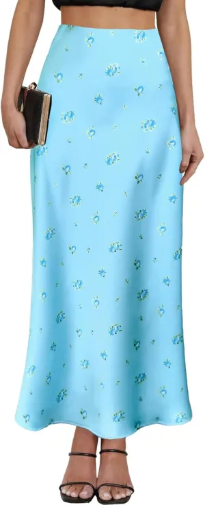 Women's Leopard Print Satin Maxi Skirt High Waisted Elastic Waistband Silk A-Line Casual Party 2025 Summer Long Skirts