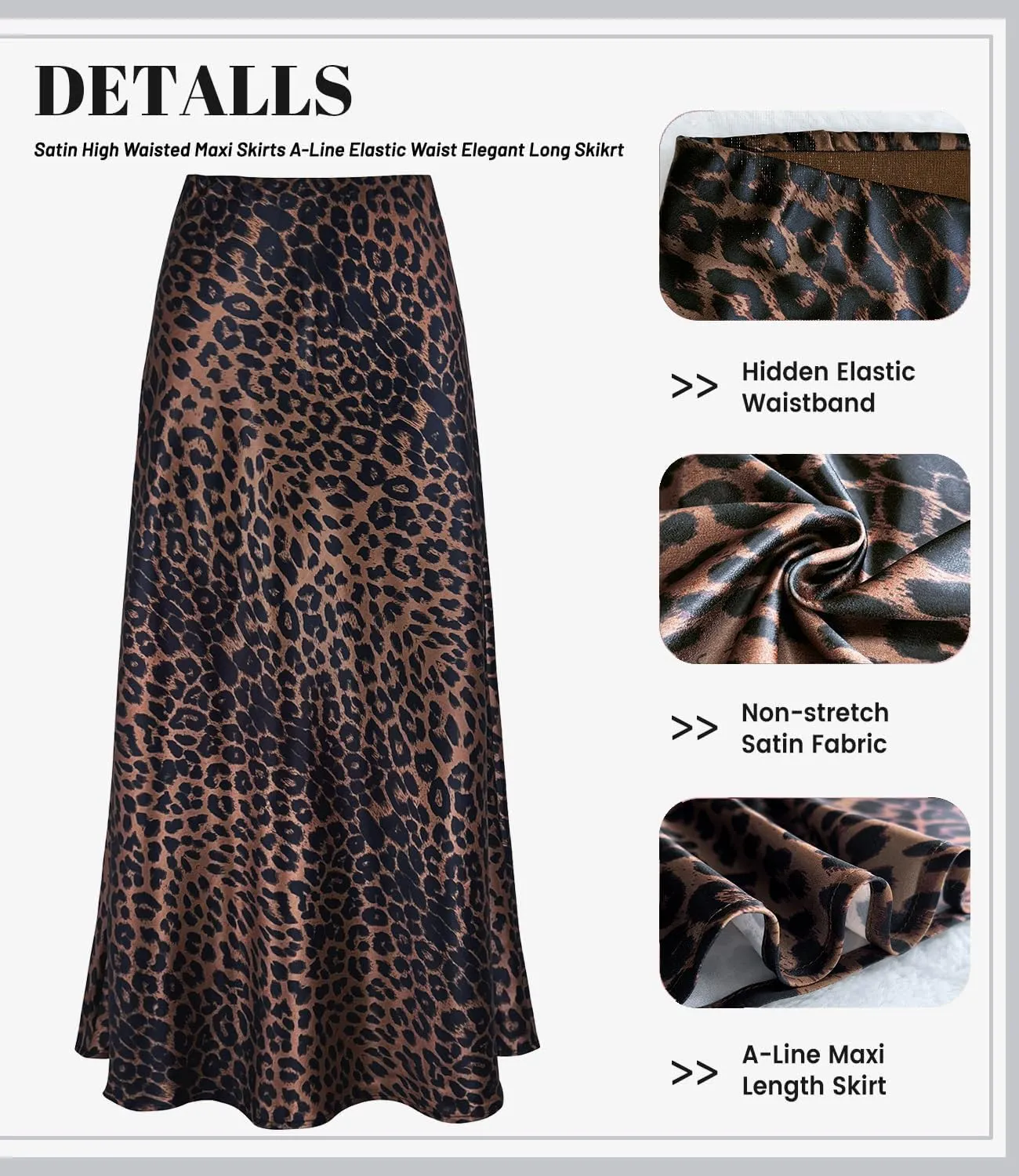Women's Leopard Print Satin Maxi Skirt High Waisted Elastic Waistband Silk A-Line Casual Party 2025 Summer Long Skirts