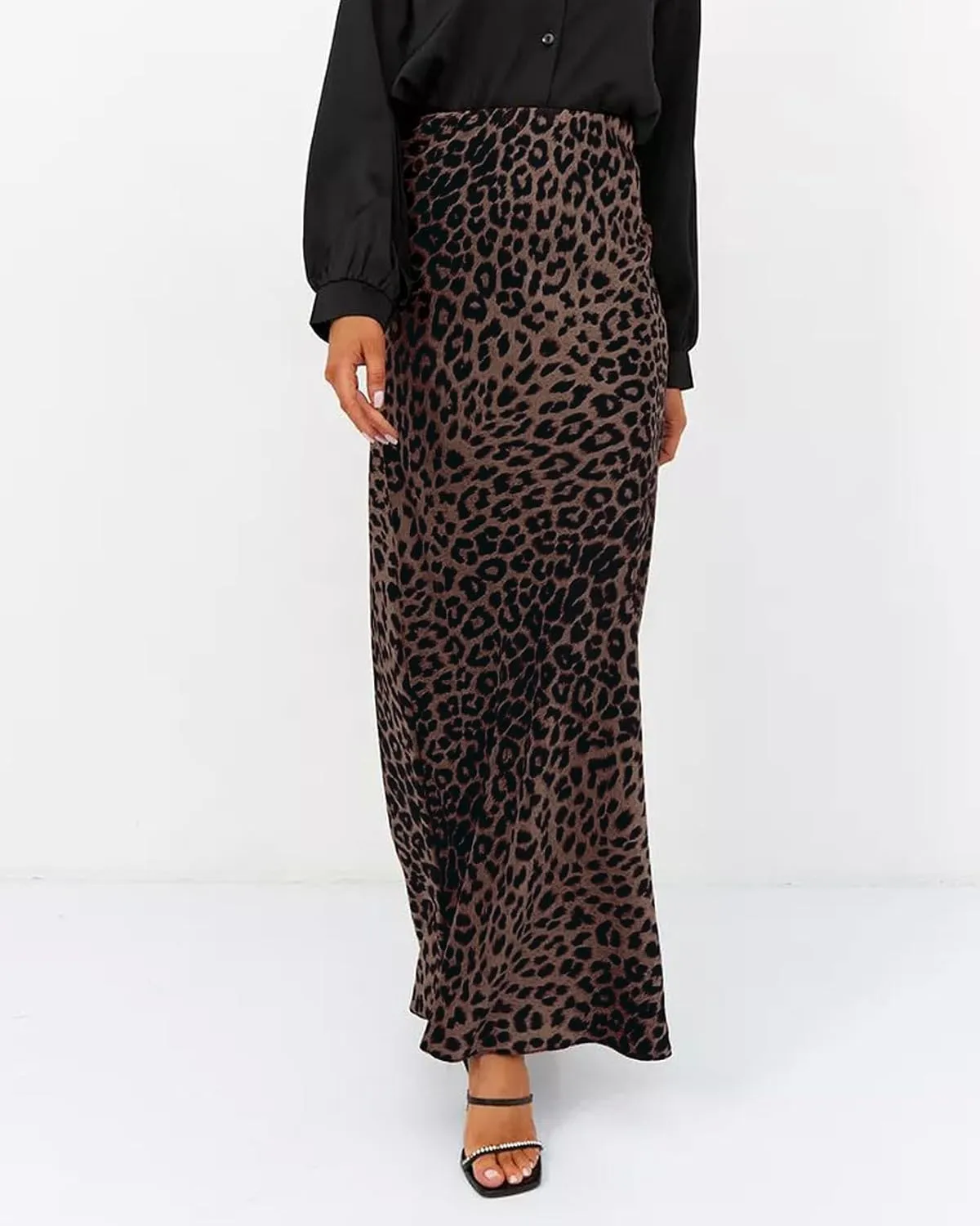Women's Leopard Print Satin Maxi Skirt High Waisted Elastic Waistband Silk A-Line Casual Party 2025 Summer Long Skirts