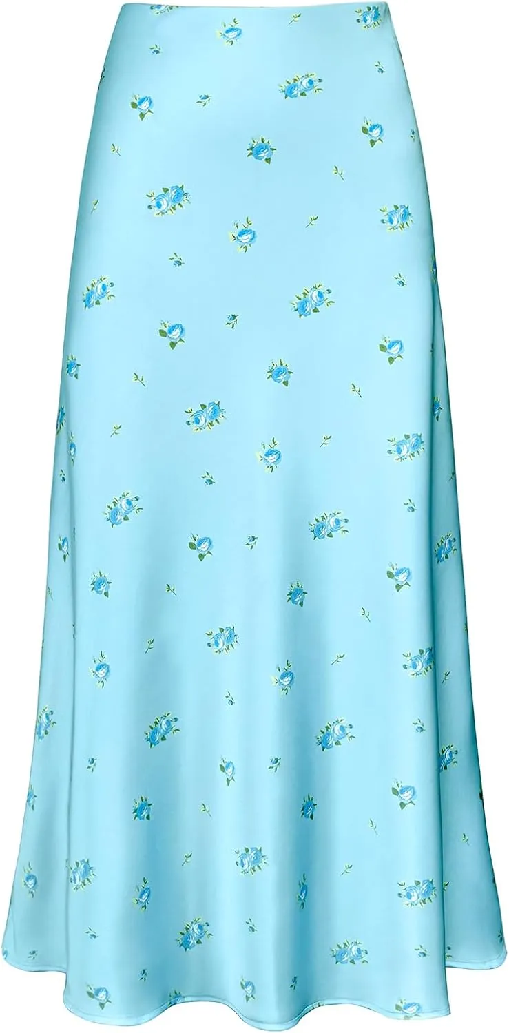 Women's Leopard Print Satin Maxi Skirt High Waisted Elastic Waistband Silk A-Line Casual Party 2025 Summer Long Skirts