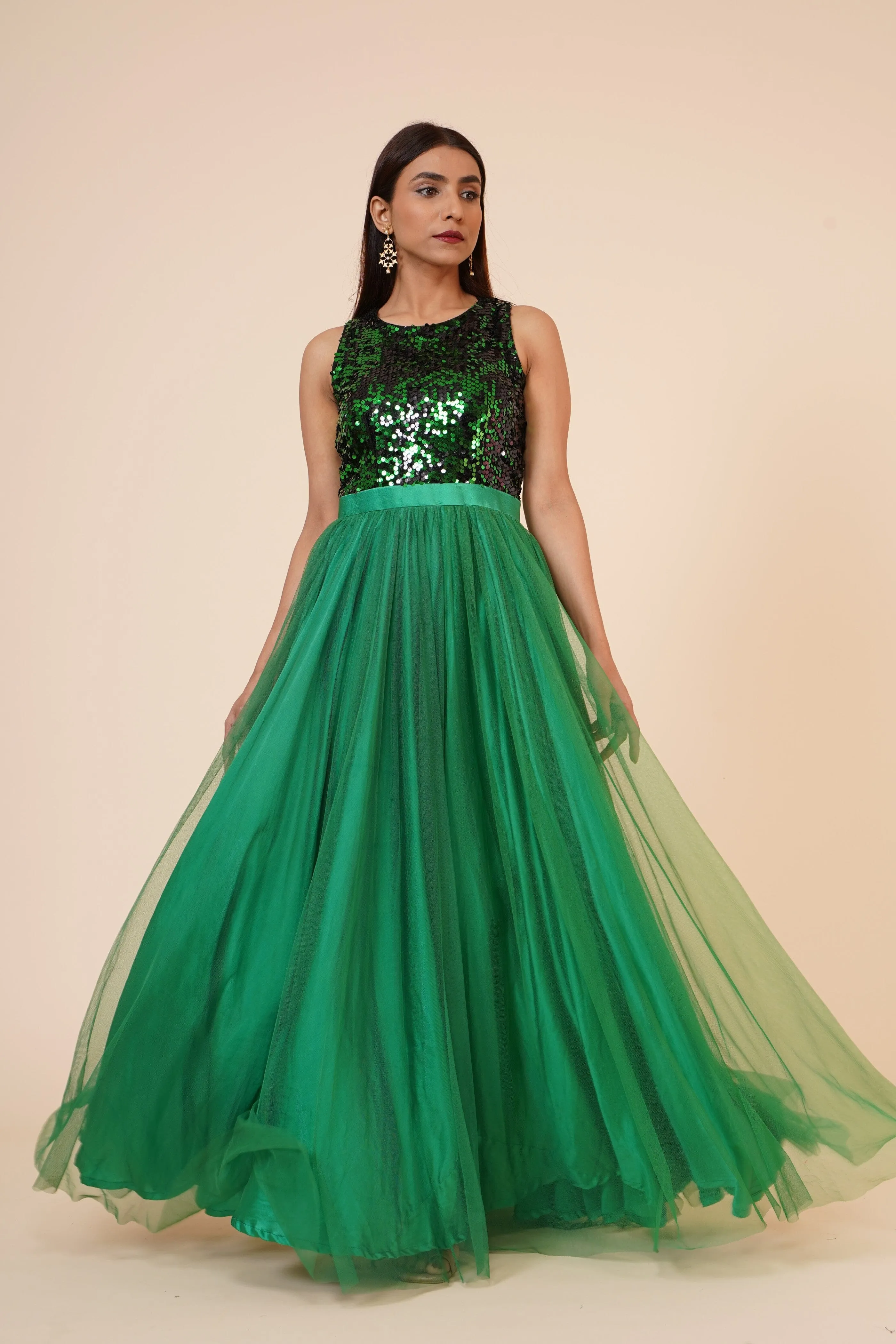 Women's Net Maxi Sequins Evening Gown Green