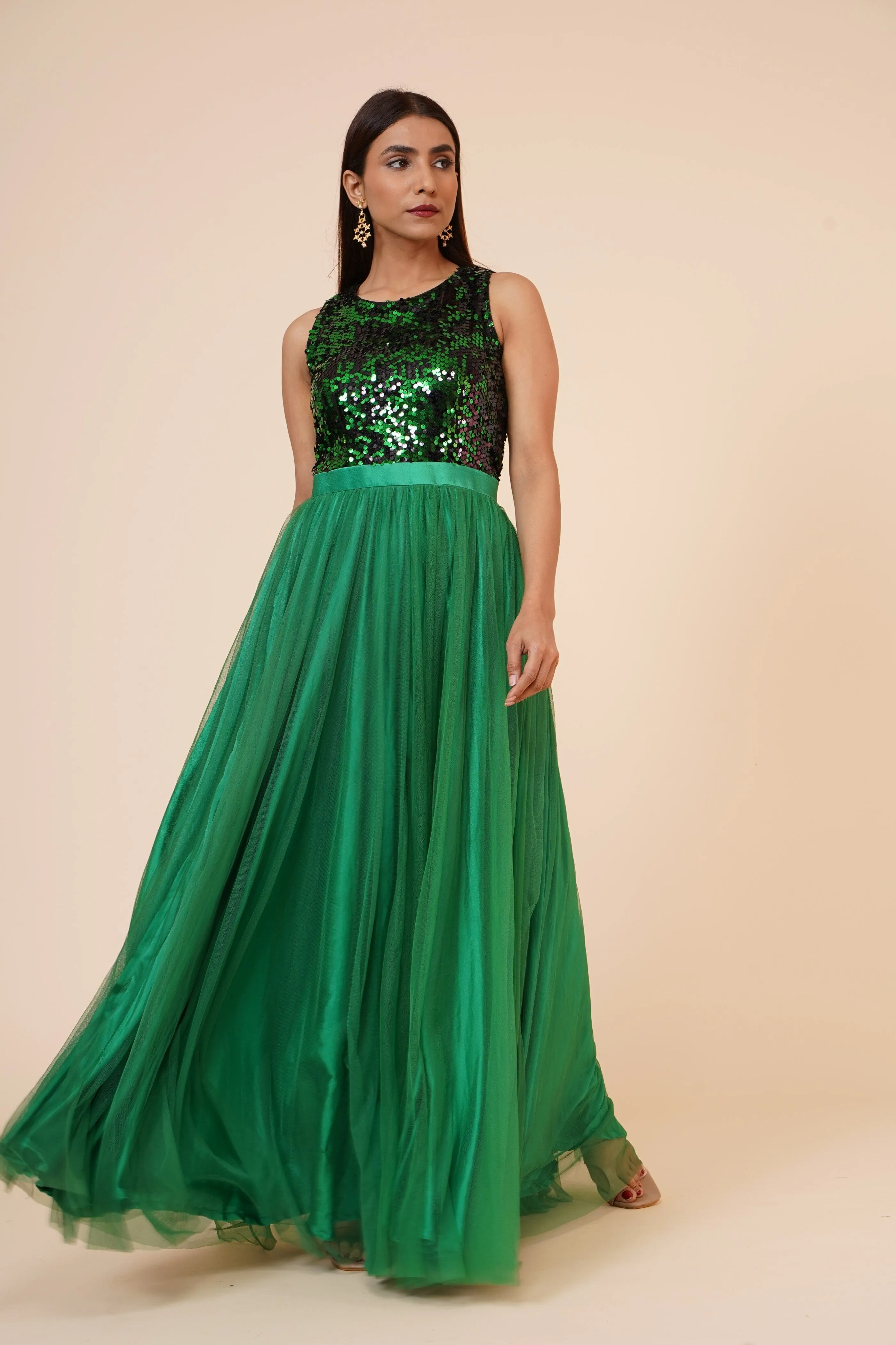Women's Net Maxi Sequins Evening Gown Green