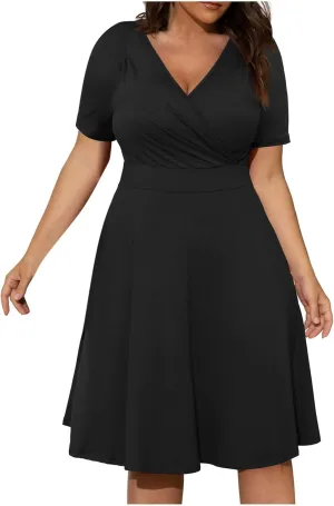 Womens Plus Size Dresses 2025 Summer Short Sleeve Wrap V-Neck Sundress Casual Wedding Guest Cocktail Vintage Dress