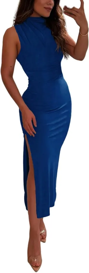 Women's Ruched Bodycon Dress Summer Elegant Sleeveless Side Slit Cocktail Party Maxi Dresses