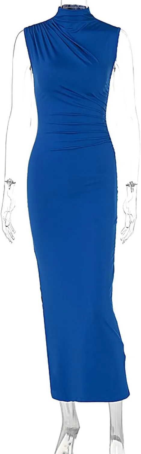 Women's Ruched Bodycon Dress Summer Elegant Sleeveless Side Slit Cocktail Party Maxi Dresses