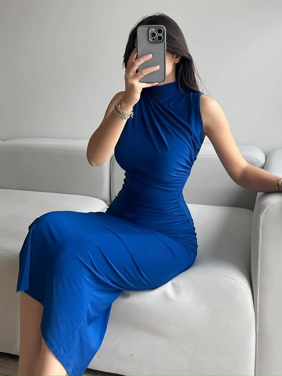 Women's Ruched Bodycon Dress Summer Elegant Sleeveless Side Slit Cocktail Party Maxi Dresses