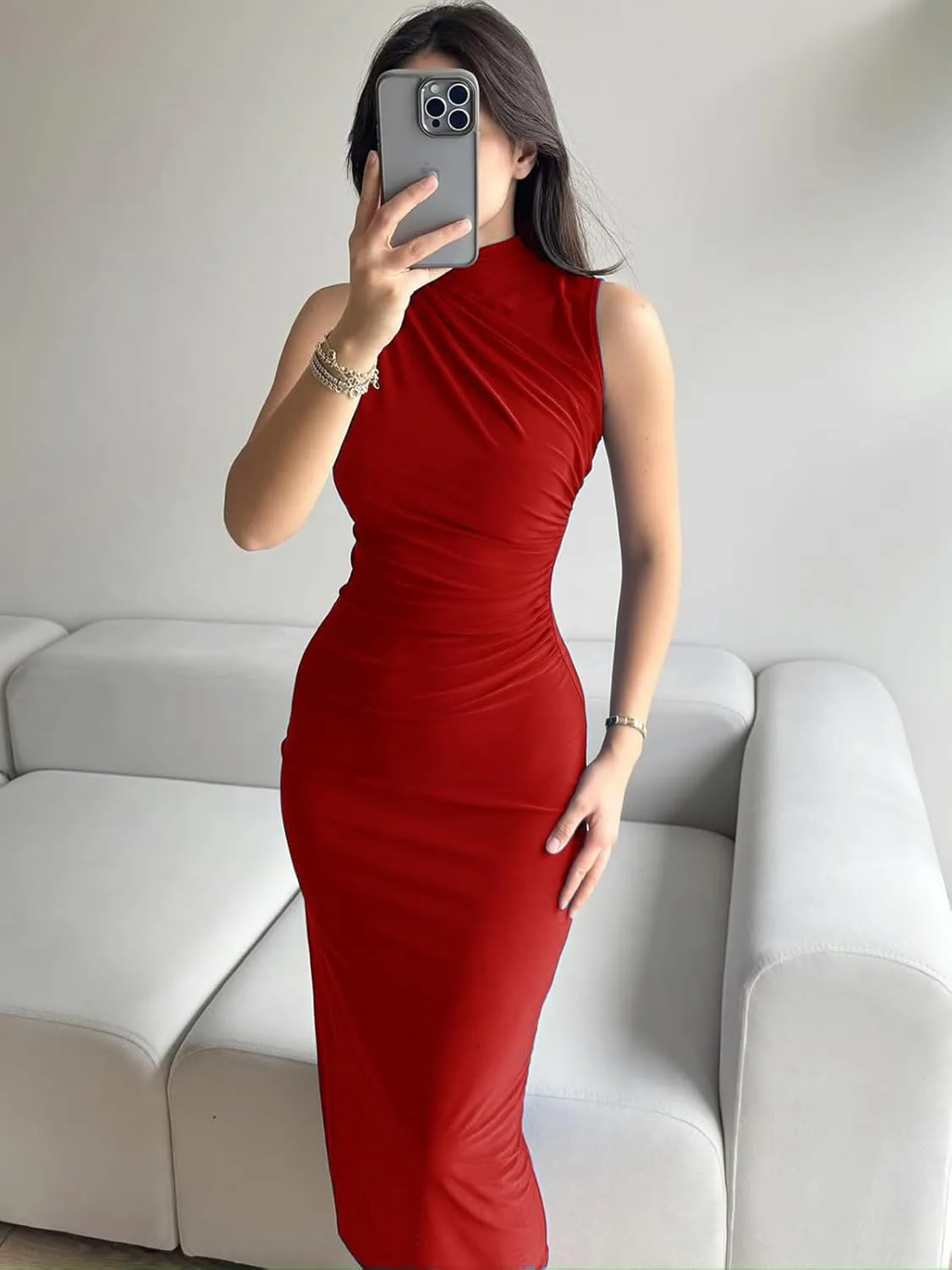 Women's Ruched Bodycon Dress Summer Elegant Sleeveless Side Slit Cocktail Party Maxi Dresses