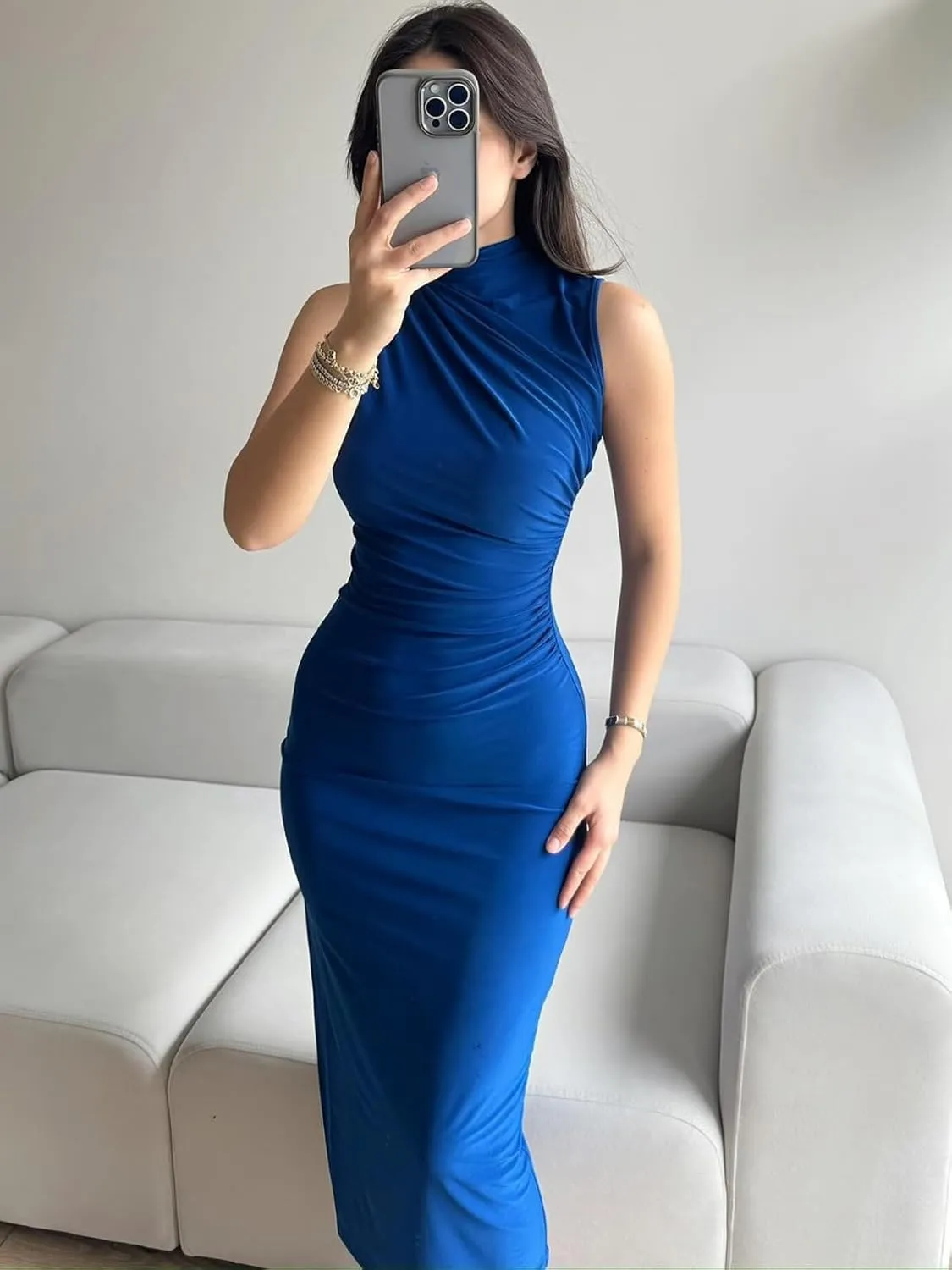 Women's Ruched Bodycon Dress Summer Elegant Sleeveless Side Slit Cocktail Party Maxi Dresses