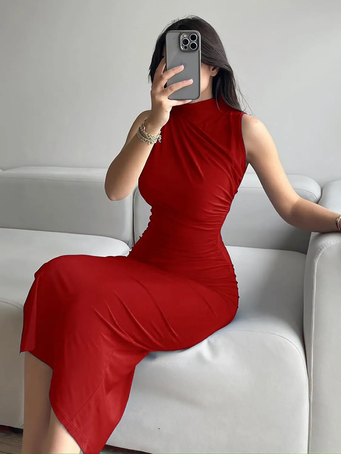 Women's Ruched Bodycon Dress Summer Elegant Sleeveless Side Slit Cocktail Party Maxi Dresses