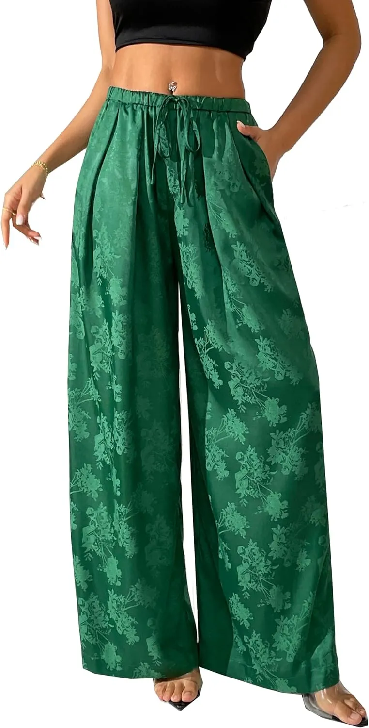 Women's Satin Wide Leg Pants Floral Textured Silky Casual Slacks High Waist Pants
