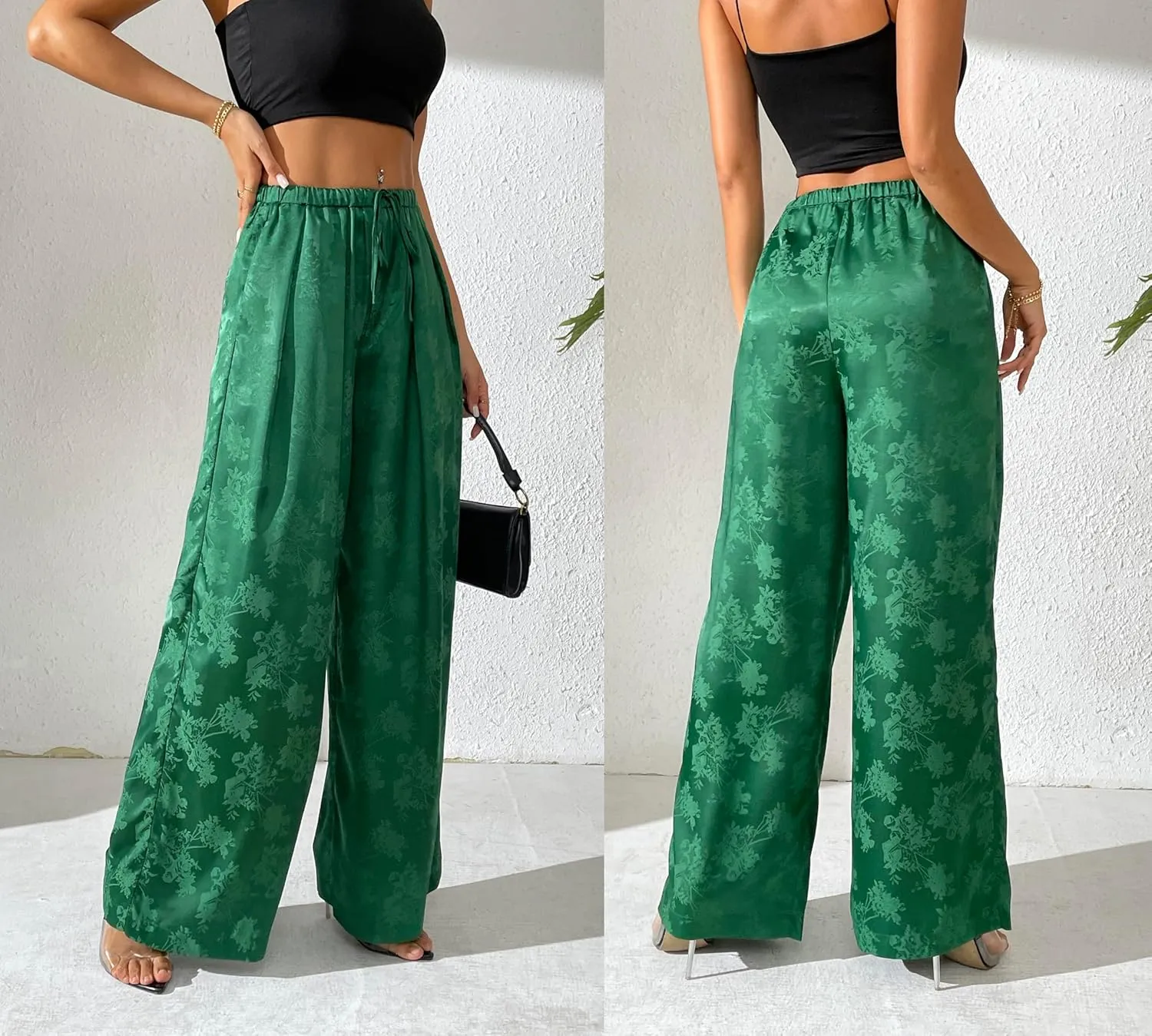Women's Satin Wide Leg Pants Floral Textured Silky Casual Slacks High Waist Pants