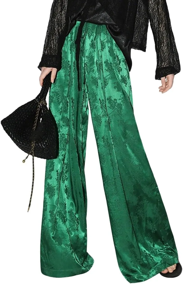 Women's Satin Wide Leg Pants Floral Textured Silky Casual Slacks High Waist Pants