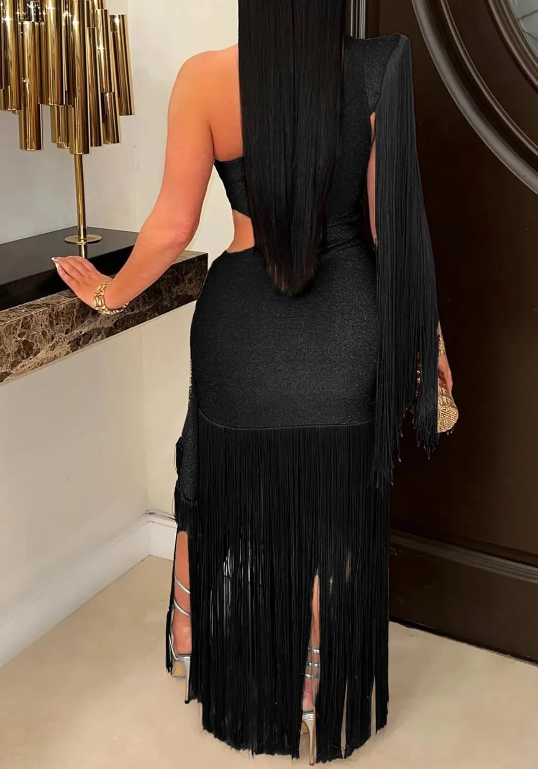Womens Sexy Wedding Guest Dress Elegant One Shlouder Fringe Dress Flowy Bodycon Sparkly Glitter Evening Dresses