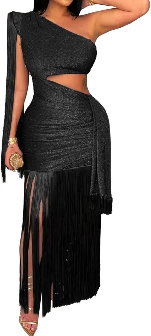 Womens Sexy Wedding Guest Dress Elegant One Shlouder Fringe Dress Flowy Bodycon Sparkly Glitter Evening Dresses