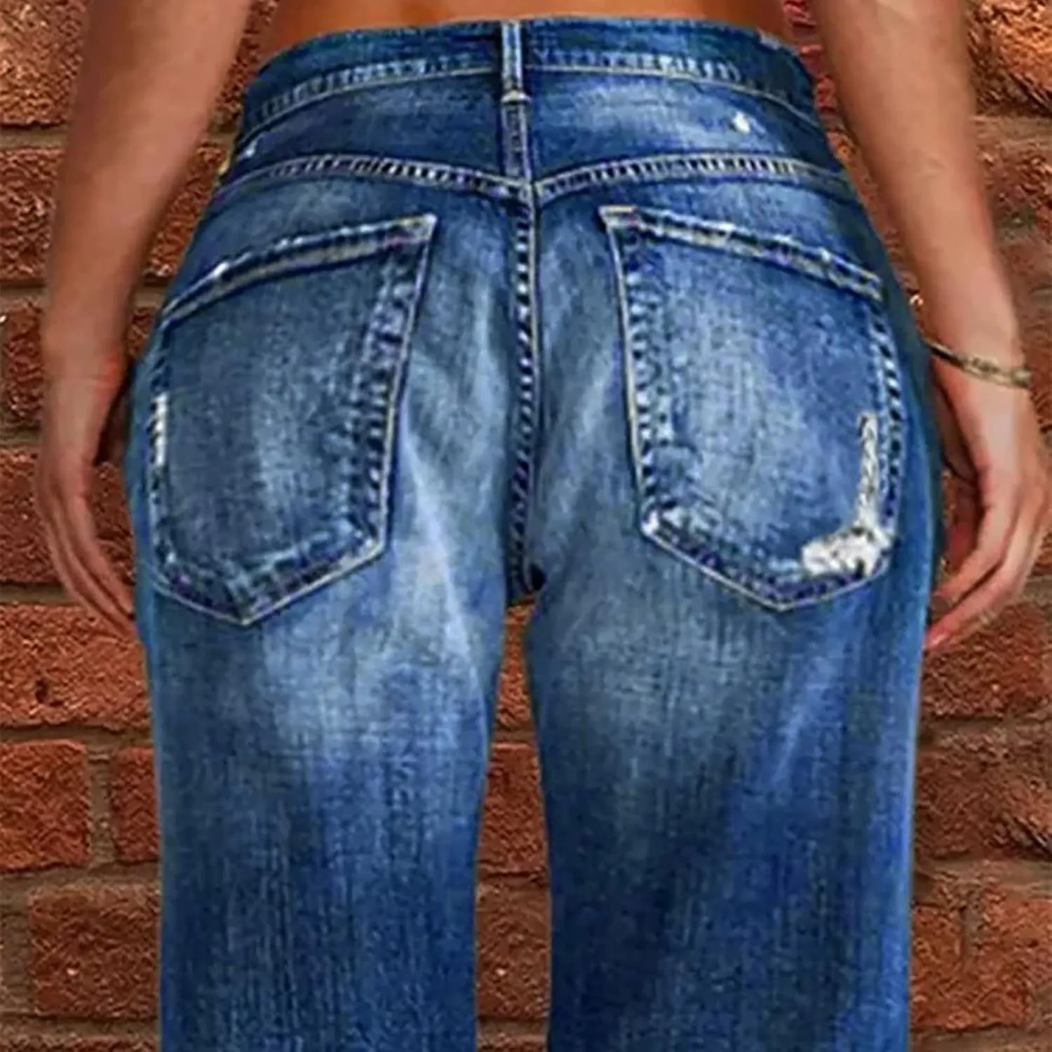 Womens Straight Leg Jeans Button Down Low Rise Ripped Jeans Plus Size Boyfriend Distressed Denim Pants with Pockets