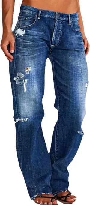 Womens Straight Leg Jeans Button Down Low Rise Ripped Jeans Plus Size Boyfriend Distressed Denim Pants with Pockets