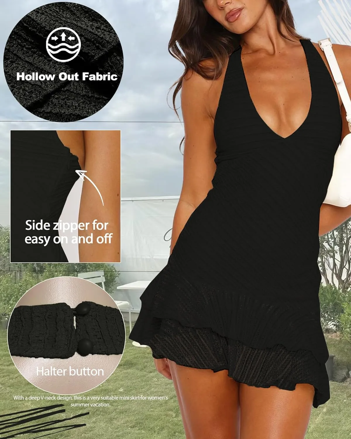 Women's Summer Dresses 2025 Sexy Halter V Neck Backless Hollow Out Ruffle Bodycon Cocktail Party Vacation Mini Dress
