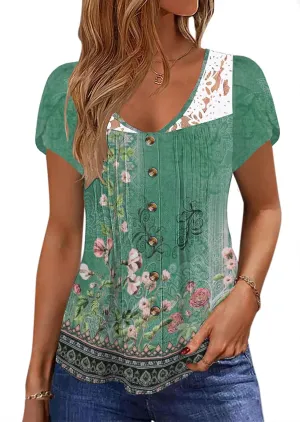 Womens Summer Tops Trendy Lace Trim V Neck Tunic Shirts Casual Petal Sleeve Pleated Front Button Blouses