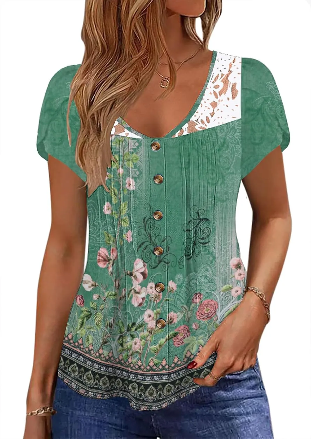 Womens Summer Tops Trendy Lace Trim V Neck Tunic Shirts Casual Petal Sleeve Pleated Front Button Blouses