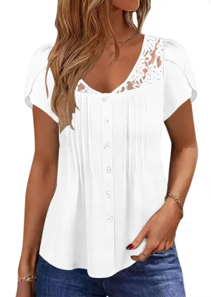 Womens Summer Tops Trendy Lace Trim V Neck Tunic Shirts Casual Petal Sleeve Pleated Front Button Blouses
