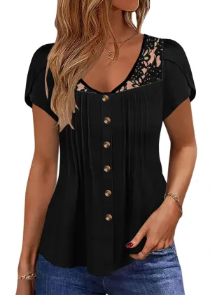 Womens Summer Tops Trendy Lace Trim V Neck Tunic Shirts Casual Petal Sleeve Pleated Front Button Blouses