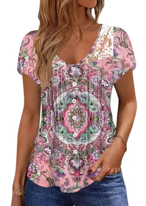 Womens Summer Tops Trendy Lace Trim V Neck Tunic Shirts Casual Petal Sleeve Pleated Front Button Blouses
