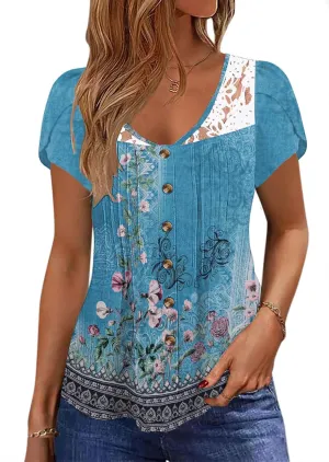Womens Summer Tops Trendy Lace Trim V Neck Tunic Shirts Casual Petal Sleeve Pleated Front Button Blouses