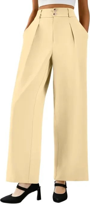Womens Wide Leg Dress Pants Stretchy Palazzo Pants Business High Elastic Waisted Button Long Trousers