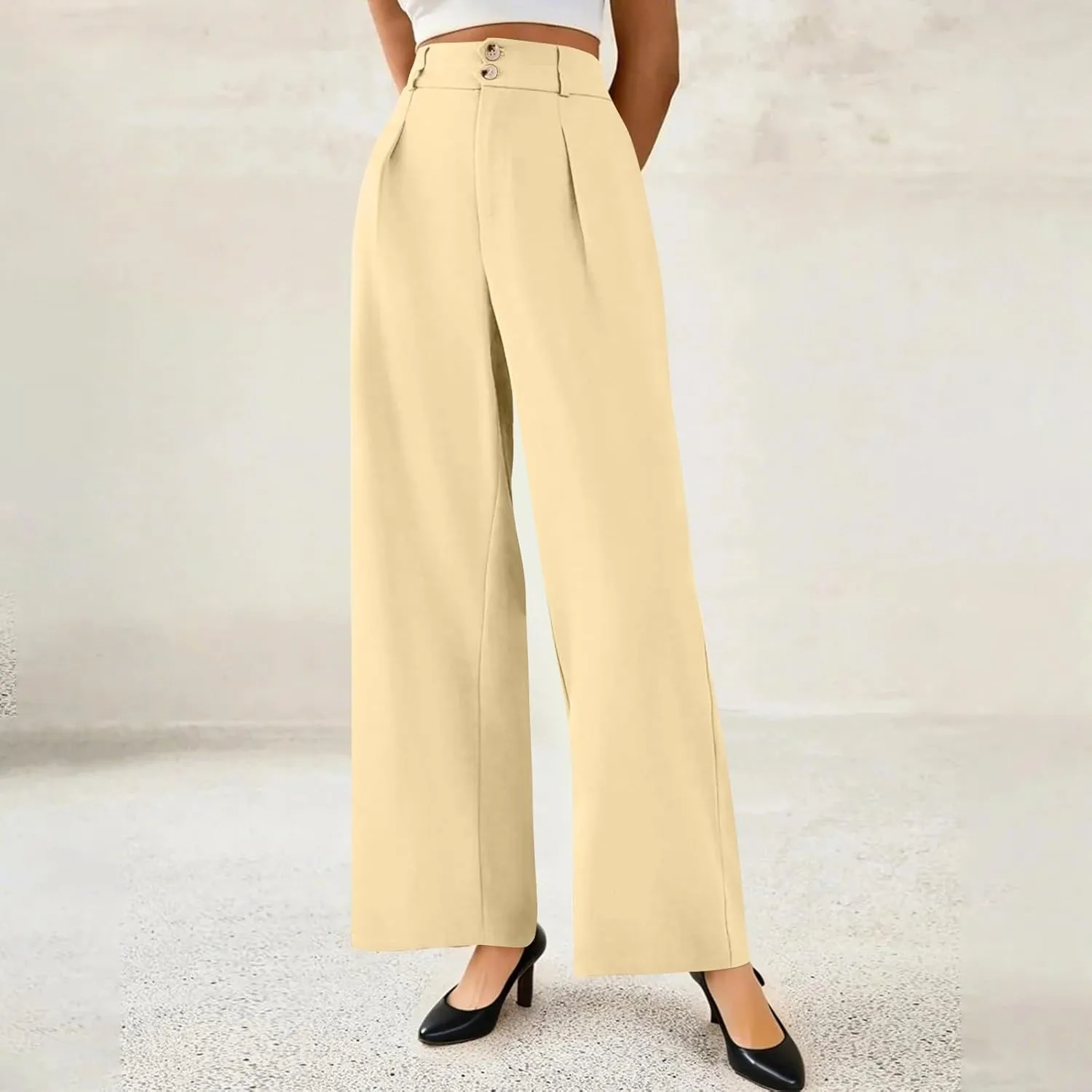 Womens Wide Leg Dress Pants Stretchy Palazzo Pants Business High Elastic Waisted Button Long Trousers