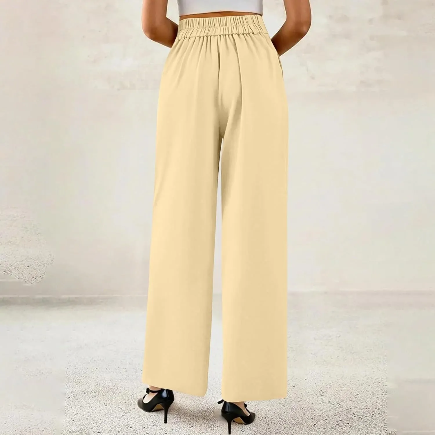 Womens Wide Leg Dress Pants Stretchy Palazzo Pants Business High Elastic Waisted Button Long Trousers