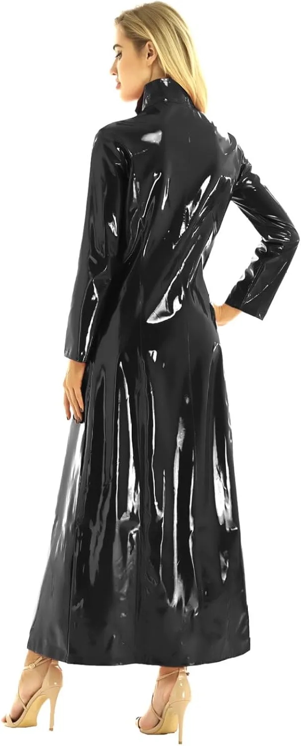 Yartina Womens Shiny Metallic Leather Turtleneck Trench Coat Zipper Front Long Jacket Casual Clubwear