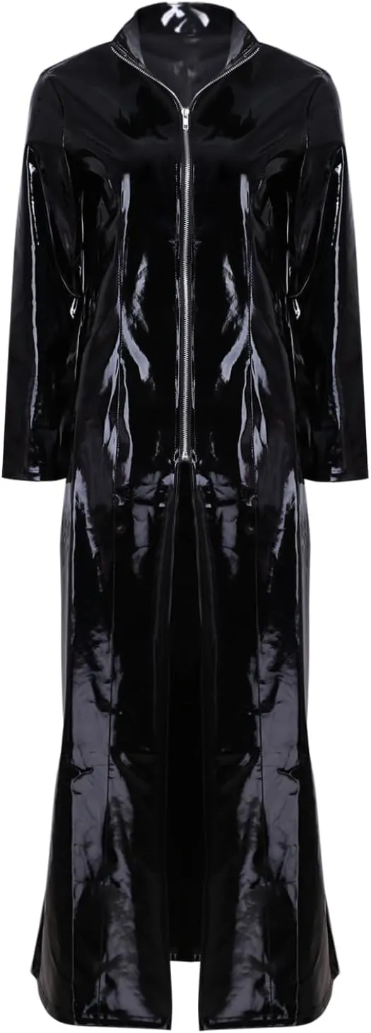 Yartina Womens Shiny Metallic Leather Turtleneck Trench Coat Zipper Front Long Jacket Casual Clubwear
