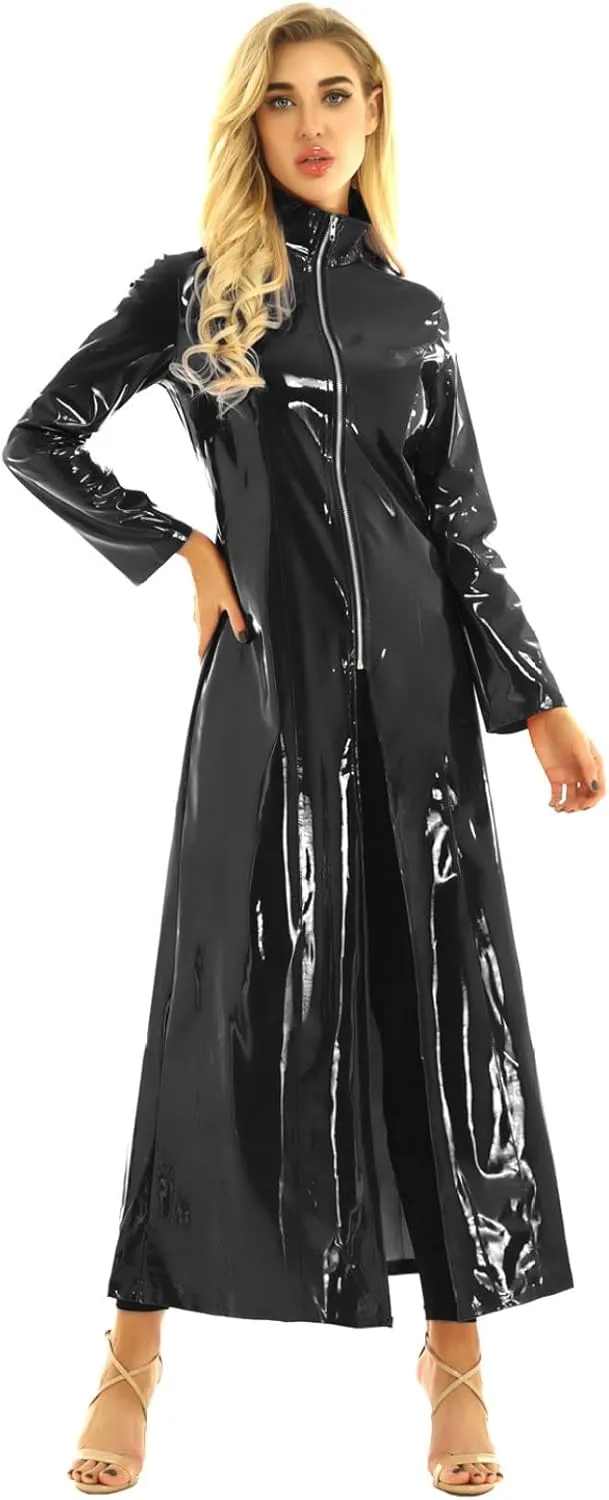 Yartina Womens Shiny Metallic Leather Turtleneck Trench Coat Zipper Front Long Jacket Casual Clubwear